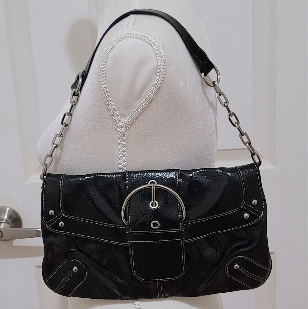 Merona Black Vegan Leather Belt Shoulder Handbag